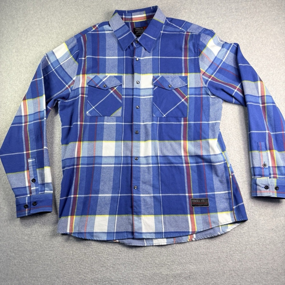 Troll Co Flannel Shirt Men's XL Plaid Blue Snap Front Workwear Casual Pockets